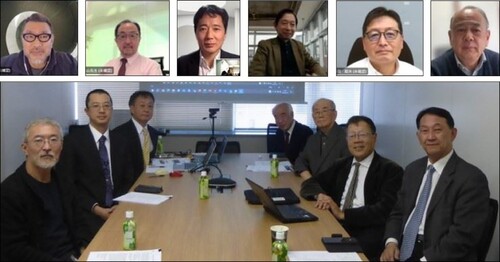 Japanese NG meeting, Right to Left: S. Nakamura, Y. Fujino, K. Takanashi, A. Wada, Y. Ichinohe, M. Inoue and A. Sato. Online attendants (from right to left top): Y. Okui, A. Kasuga, T. Takeuchi, T. Nagayama, M. Akiyama and I. Shibata