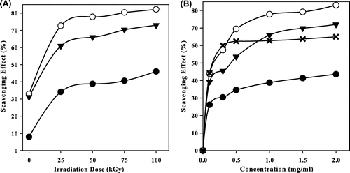 Fig. 4. The scavenging effect (%) on DPPH radicals of (●) CS, (○) NMCS, (▼) NPhCS, and (x) Ascorbic acid.