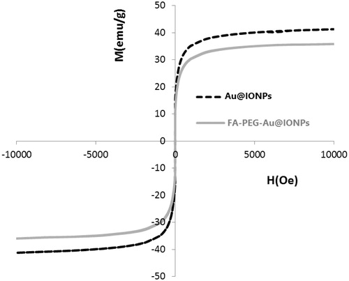 Figure 4. Magnetization curve of Au@IONPs and FA–PEG–Au@IONPs nanocomplex at 300 K.