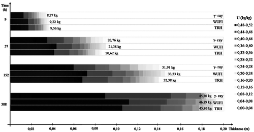 Figure 7. Comparison of the moisture content profiles on autoclaved cellular concrete (ACC) by gamma-ray (γ-ray), WUFI Pro (WUFI) and TRHUMIDADE (TRH).