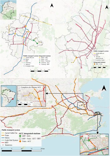 Figure 4. Medellín’s (top-left), Bogotá’s (top-right) and Rio de Janeiro’s (bottom) public transport system. Circles represent integrations with two, triangles with three, and squares with four transit modes. Own elaboration with open data gathered from Medellín’s, Bogotá’s, Rio de Janeiro’s government, and Openstreetmaps.