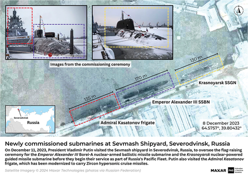 Figure 4. Newly commissioned submarines at Sevmash shipyard in Severodvinsk, Russia. (Credit: Federation of American Scientists/Maxar Technologies).