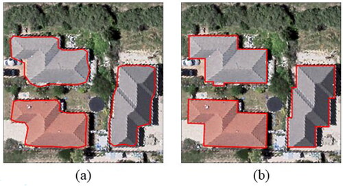 Figure 1. Comparison between model-extracted and manually delineated building outlines: (a) building outlines extracted by a segmentation model, and (b) manually delineated building outlines. The red lines superimposed on the buildings denote the outlines.