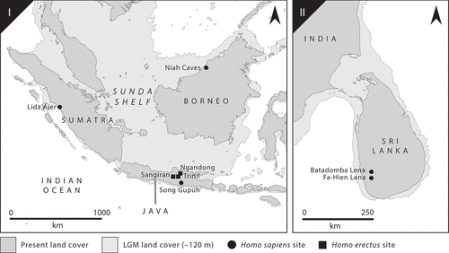 Figure 3. Settings for Mode A peopling of rainforested islands (overland movement followed by insularisation), with key archaeological sites showing species presence. I: the Sunda Shelf in Southeast Asia; II: South Asia.