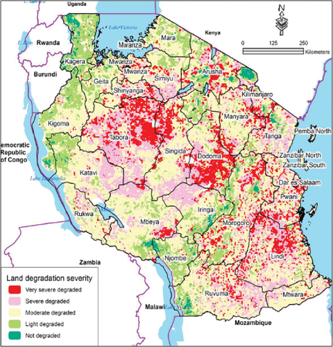 Figure 4. Map indicating the inter-relationship between land degradation and sunflower production in Tanzania. Source: Majule (Citation2017).
