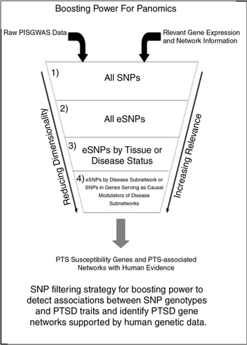 Fig. 3 Boosting power for panomics. SNP filtering strategy for boosting power to detect associations between SNP genotypes and PTSD traits and identify PTSD gene networks supported by human genetic data.