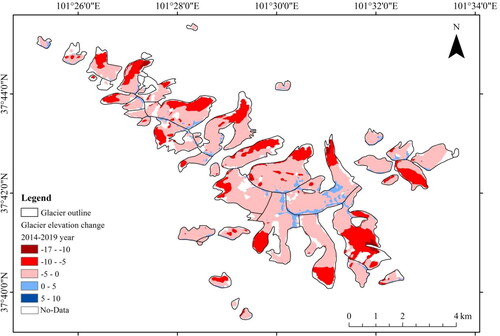 Figure 4. Map of glacier elevation changes in the Gangshika peak and its surroundings in Lenglongling Mountains during 2014–2019.