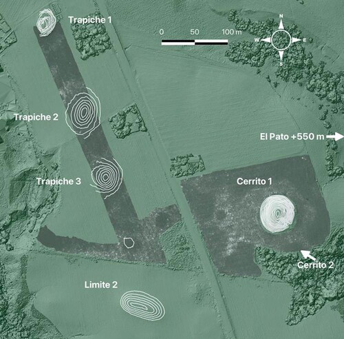 Figure 3. Center of the site with contour lines over structures and the extent of radargram anomaly overlaid around Cerrito 1 and along the Trapiche group.