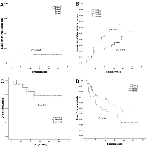 Figure 4 Comparison of the cumulative local tumor progression (A), intrahepatic distant recurrence (B), overall survival (C) and tumor free survival (D) curves between group A and group B.