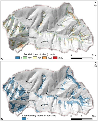 Figure 3. (A) Map of the number of rockfall trajectories modelled in the area of Castelsantangelo sul Nera. (B) Map of the Susceptibility Index for rockfalls.
