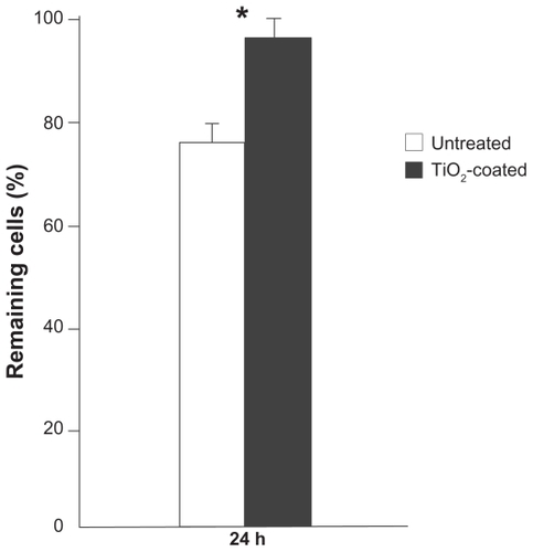 Figure 6 Cell adhesion evaluated by the number of remaining muscle cells after the mechanical detachment procedure.Notes: Data are shown as the mean ± standard deviation (n = 3). *P < 0.05, statistically significant difference between the two substrates.