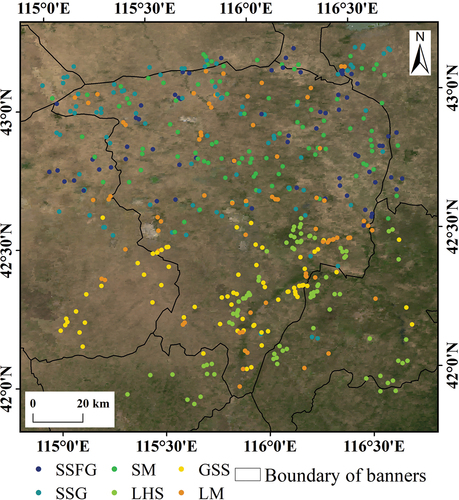 Figure 2. Spatial distribution of samples for grassland classification (the background map is from MOD09A1 product (https://ladsweb.modaps.eosdis.nasa.gov/), and the acquisition time is July 2020).