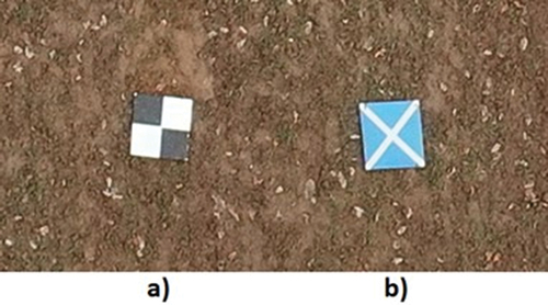 Figure 7. GCPs – a) black & white targets for DAP-UAV, b) high-reflectivity targets for LiDAR-UAV.