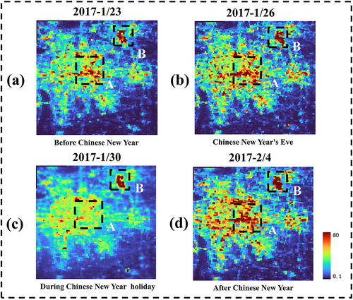 Figure 16. The impact of the short-term migration of a huge population during the Chinese New Year holiday on NTL images. Site A and B correspond to the areas of Beijing Capital International airport and Beijing Business District, respectively.