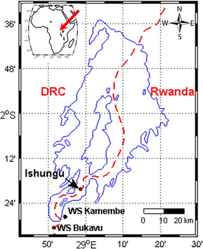 Fig. 1 Lake Kivu with situation of the Ishungu evaluation site and the Kamembe Weather Station (WS Kamembe) and Automatic Weather Station Bukavu (WS Bukavu).