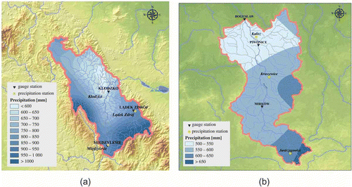 Fig. 1 Spatial distribution of annual precipitations totals in: (a) the Nysa Kłodzka basin and (b) the Prosna basin.