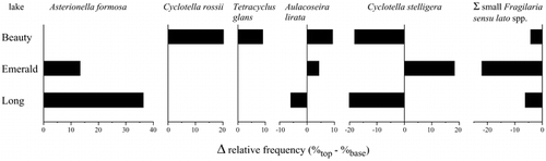 FIGURE 4. Change in the relative frequencies of diatom taxa in the tops and bottoms of cores from three lakes in the Beartooth Mountains. A positive value indicates that this taxon comprises a larger fraction of the modern assemblage when compared to the fossil assemblage at the bottom of the core.