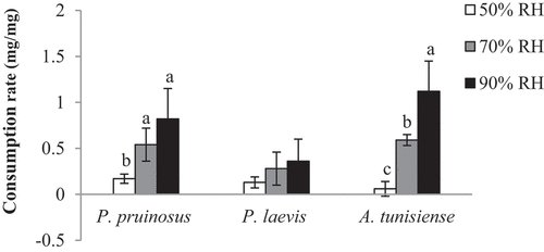 Figure 2. Mean consumption rate (mg/mg) of each species exposed to the three tested RH conditions (different letters indicate that the values differ at p < 0.01).