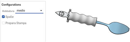 Figure 3. An example from the cloud based CAD design with a configuration panel where the participant can modify features. 'Gobbatura’ is the 'undulation’ of the handle finger grooves and ‘Spalle’ is the ‘shoulders’ beneath the ‘head’. Selecting the ‘Prepara Stampa’ renders the part in the 3D printing position, ready to export it to the slicing software.
