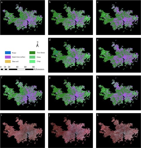 Figure 4. Classification results of Washington, D. C. using SVM classifier. a) 1979 images classified using 1000 samples in 1979; b) 1982 images classified using 1000 samples in 1979; c) 1984 images classified using 1000 samples in 1979; d) 1982 images classified using unchanged samples from 1979; e) 1984 images classified using unchanged samples from 1979; f) 1979 images classified using 300 samples in 1979; g) 1982 images classified using 300 samples in 1982; h) 1984 images classified using 300 samples in 1984; i) the study area in 1979 (Landsat MSS false-color composite image with green, red, and near-infrared bands); j) the study area in 1982; k) the study area in 1984.