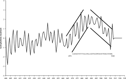 Figure 1.  Jahnig profile of the Cter domain (400–522) of colicin E1. The increasing oscillating curve corresponding to the H8 helix (residues 471–487) and the decreasing oscillating curve corresponding to H9 (residues 494–510) are indicated.