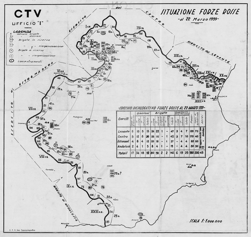 Fig. 10. Map showing the ‘Situation of the red troops on the 22 March 1939’, one week before the end of the war. By now the Republican army had been almost destroyed and the Sezione Topocartografica recorded the distribution and strength of the remaining brigades near Cartagena, on the Mediterranean coast. 87 × 92 cm. (Reproduced with permission from the Institut Cartogràfic de Catalunya. Cartoteca, Fons Monés, RM.209.431.)