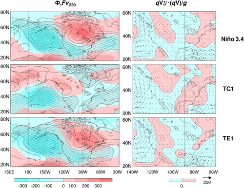 Fig. 7 Anomalies of (left) 250 hPa geopotential Φ250 (shading, m2 s−2) and eddy vorticity forcing Fv250 (contour interval 2 × 10−4 m2 s−3), and (right) vertically integrated moisture transports qV (arrows, kg m−2 with scale shown at the lower right) and divergence of vertically integrated moisture transports div·(qV)/g (contour interval 0.1 mm d−1) regressed on the (top) Niño 3.4, (middle) TC1, and (bottom) TE1 indices.