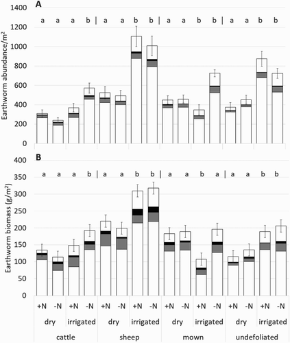 Figure 5. Average earthworm A, abundance and B, biomass for each treatment across the 4 years sampled (winter 2006–2009). Earthworm species include L. rubellus (□), O. cyaneum (▪), A. trapezoides (▪) and A. caliginosa (▪). Error bars represent 1 SEM for total earthworm abundance or biomass. a and b indicate significant irrigation difference for each nitrogen and grazing combination. Significant differences with nitrogen application were found under irrigated cattle for earthworm abundance and irrigated mown plots for earthworm abundance and biomass.