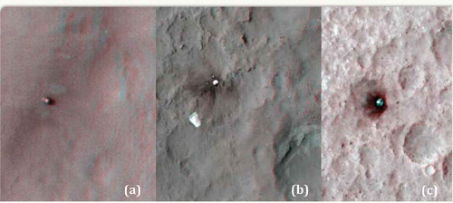 Figure 6. Anaglyph stereo HiRISE images: the MSL rover can be seen as a distinct object in HiRISE image (a), parachute and heat shield are found in (b) and (c).