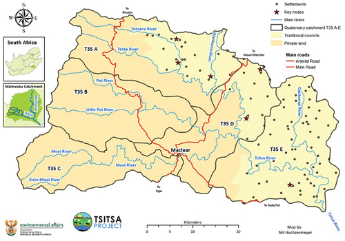 Figure 1. The Tsitsa river catchment comprising five quaternary catchments (T35A-E) approximately half of which is governed under traditional authorities.