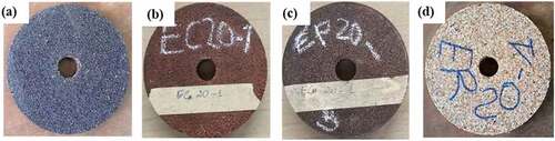 Figure 5. Bonded abrasives made with different by-products: (a) Coconut grinding wheel EN 40–1; (b) Canarium core grinding wheel EC 20–1; (c) Palm nut grinding wheel EP 20–1; (d) Raffia core grinding wheel ER 20–1.