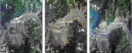 Figure 2.  Airborne remote sensing images of Tangjiashan Barrier Lake acquired in 2008, 2009, and 2010, respectively (from left to right).