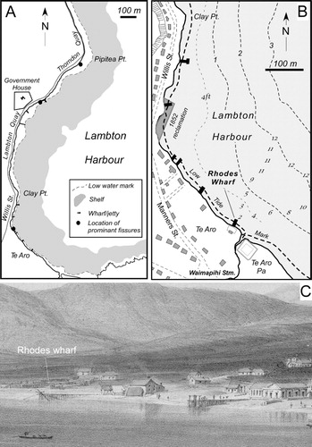 Figure 7 A, Map of the Lambton Harbour area, Wellington showing extent of shallow harbour shelf (grey-shaded area) (after Hydrographic Department of the British Admiralty Citation1849) and locations (filled circles) of prominent fissures formed on the beach described in the text. Depth of seaward extent of shelf is 3 fathoms (18 ft or 5.5 m). B, Map showing the area of Lambton Harbour between Clay Point and Te Aro Pa, Rhodes wharf, low tide (springs) mark and depths (in feet). Both maps after the Acheron survey of 1849 (Lambton Harbour, Port Nicholson; Hydrographic Department of the British Admiralty Citation1849). Area of map locations shown in Fig. 5. C, Enlargement of part of a colour lithograph entitled Te Aro Flat by William Mein Smith 1842 (PUBL-001-16-3, Alexander Turnbull Library, National Library of New Zealand) showing Rhodes Wharf.