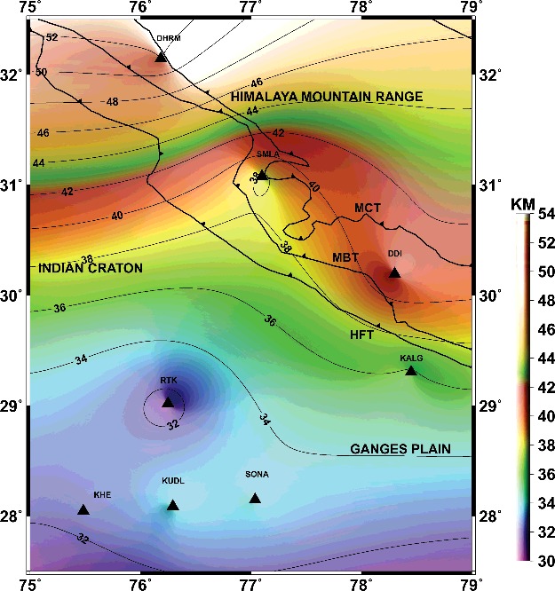 Figure 9. Map of the Moho depth variation below sea level using the value of ‘H’ from table 1. Values are obtained from Zhu and Kanamori (Citation2000) techniques weighted for contour diagram. Seismic stations are represented by black solid triangles with station codes.