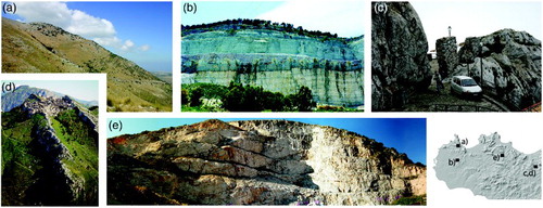 Figure 4. Exposed mesozoic carbonates constituting the regional geothermal reservoir, (a) Sparagio Mt., (b), Montagna Grande, (c) and (d) Sclafani Bagni, (e) Balatelle Quarry. The location of the photographs is also given.