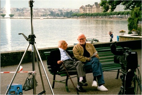 FIGURE 1 Gerhart Riegner and Frank Pierson on the shore of Lake Geneva, Summer 1998.Footnote8