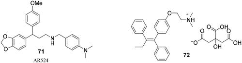 Figure 7. Non-iminosugar-type mannosidase inhibitors AR524 (71) and tamoxifen (72).