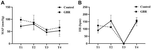 Figure 6 Effect of GBR treatment on hemodynamic data of the animal model. (A) Mean arterial pressure (mmHg), (B) Heart rate (bpm). Each group’s data collection was divided into four times; T1 = before CPB, T2 = during CPB, T3 = aortic clamp-on, T4 = aortic clamp off. The dark circle line represented the data of the control group (N=3). The square dark line represented the data of the GBR group (N=3). All data expressed the mean±SD. Two-way ANOVA analyzed data. p<0.05 was considered a statistically significant difference.