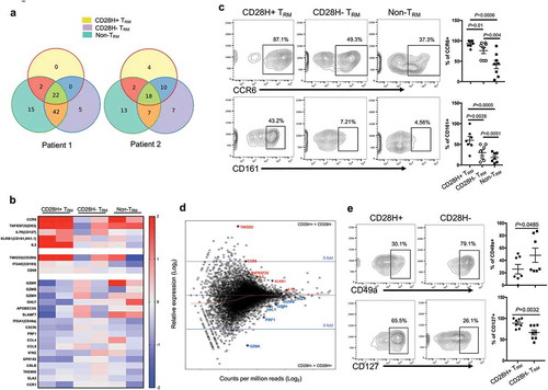 Figure 5. Characterizing CD28H + TRM cells in human TILs. (a, b, d) CD8 + TILs from human pancreatic cancer were sorted into three different groups based on the expression of CD28H, CD69 and CD103; RNAseq was performed. TCR subtype overlapping (a) and relative expression of the core T cell function genes (b) in three different CD8 + T cell subsets. (c) CCR6 and CD161 expressions in three different T cell subsets from different cancer patients. (d) MAPlot of average expression of genes in CD28H + vs CD28H- TRM cells with select genes highlighted. (e) The expressions of CD49a and CD127 in the two different TRM subsets from different cancer patients.