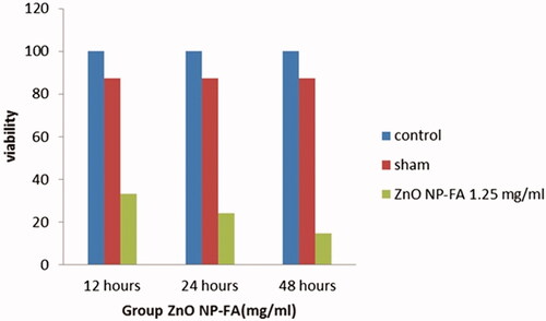 Figure 5. Comparison of different times of glioblastoma cells treated with 1.25 mg/mL after 12, 24 and 48 h (Mean ± SEM); * a significant difference compared to control and sham groups, ‡ a significant difference compared to each group.