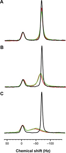 Figure 7 133Cs NMR spectra of Cs+ in human RBCs before and after the addition of SPIONs to the suspension.Notes: The black spectrum for each sample was acquired prior to the addition of the SPIONs; the green spectra were acquired 5 minutes after adding the SPIONs; and the red spectra were acquired after 90 minutes for A and B, and 60 minutes for C; other spectra over the time course were recorded at 15-minute intervals, and were the same within experimental error as those at 60 or 90 minutes as indicated. (A) EP56; (B) EP48; and (C) NJ94. Sample: 3 mL of RBC suspension; Ht 76% (therefore, the extracellular volume =0.72 mL); 7.2 μL of SPION suspension (original concentration 5 mg mL−1) giving a final concentration of 50 μg mL−1 in the extracellular space; temperature, 37°C. NMR: spectra were acquired by averaging four transients, using a spectral width of 1,000 Hz, 2,048 time domain points, a 90° radiofrequency pulse width of 10 μs, and a relaxation delay between transients of 5 seconds.Abbreviations: SPIONs, superparamagnetic iron oxide nanoparticles; NMR, nuclear magnetic resonance; RBCs, red blood cells; Ht, hematocrit.