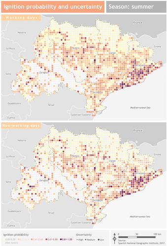 Figure 10. Ignition probability and uncertainty of summer working days and non-working days. Source: National (Spain) Geographic Institute.