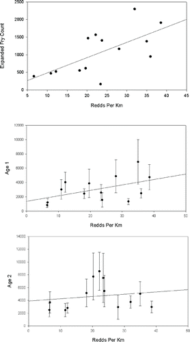 FIGURE 5. Comparison of adult Bull Trout redd densities (redds/km) and March–May expanded catch of Bull Trout fry (top panel) and age-1 and age-2 population estimates (middle and bottom panels). Lines are linear regression plots (fry: R2 = 0.44, P = 0.01; age 1: R2 = 0.24, P = 0.09; age 2: R2 = 0.03, P = 0.57. Error bars are 95% confidence intervals.