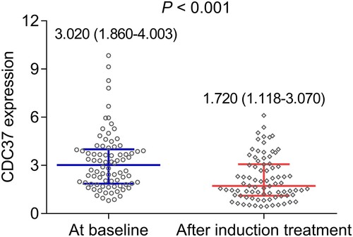 Figure 3. Comparison of CDC37 at baseline and after induction treatment in multiple myeloma patients.