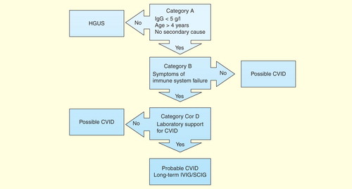 Figure 1. Diagnostic and treatment algorithm for common variable immune deficiency. Patients must meet all major criteria in Category A for consideration of CVID. Category B confirms the presence of symptoms indicating immune system failure. To have probable CVID, patients must also have supportive laboratory evidence of immune system dysfunction (Category C) or characteristic histological lesions of CVID (Category D). Patients with mild hypogammaglobulinemia (IgG >5 g/l) are termed hypogammaglobulinemia of uncertain significance (HGUS). Patients meeting Category A criteria but not other criteria are deemed to have possible CVID. Most patients with probable CVID are likely to require IVIG/SCIG. Some patients with possible CVID will require IVIG/SCIG, but most patients with hypogammaglobulinemia of uncertain significance are unlikely to need IVIG/SCIG replacement.