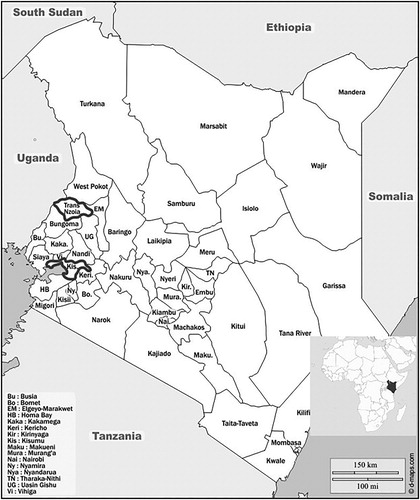 Figure 1. Map showing the two geographical areas of the study (bold border); Kisumu and Trans Nzoia Counties in western Kenya.