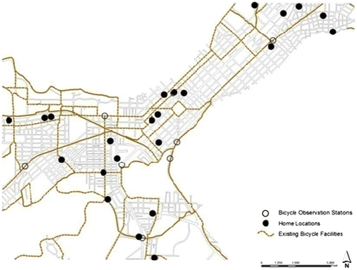 Figure 3. CBD of Madison, WI, bicyclist residence and bicyclist observation stations.