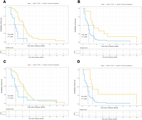 Figure 3 Subgroup analysis of overall survival in HCC patients with BDTT who underwent initial TACE or CM stratified using baseline liver function (Child–Pugh class A or B) and total bilirubin concentration (≤51 or >51 μmol/L). (A) survival curves for HCC patients with BDTT with Child–Pugh class A liver function (P < 0.001); (B) survival curves for HCC patients with BDTT with Child–Pugh class B liver function (P = 0.003); (C) survival curves for HCC patients with BDTT with total bilirubin level ≤51 μmol/L (P = 0.079); (D) survival curves for HCC patients with BDTT with total bilirubin level >51 μmol/L (P = 0.005).