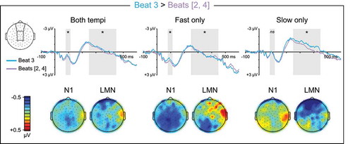 Figure 6. Quaternary meter ERPs, intermediate vs. weak beats. Top: Grand average ERPs elicited by metrically intermediate beat three and metrically weak beats two and four. ERP waveforms are shown averaged over medial anterior and central electrode sites. ERPs to beats two and four were calculated separately and then averaged across beat such that they are weighted equally in the waveforms, as they are in statistical analysis. The N1 (80–115 ms) and LMN (250–450 ms) time windows are highlighted, and beat position main effect significance is indicated for each time window (* = p < 0.05, ns = p ≥ 0.05, – = test not motivated by higher-order tempo interaction). Bottom: Topographical contrast maps show the scalp distributions of beat three vs. beats two and four mean amplitude differences within the N1 and LMN time windows. All contrast maps are plotted using the same color axis range