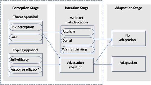 Figure 2. Theoretical framework using PMT applied to climate change adaptation, after Rogers (Citation1983) and adapted from Abid et al. (Citation2019), Babcicky and Seebauer (Citation2019), and Grothmann and Patt (Citation2005). Perception and intention stages (dotted outline) included in this study.Note: *= not included in this study.